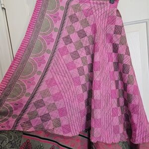Sari Wrap Skirt, TEA LENGTH, pink Olive And Grey